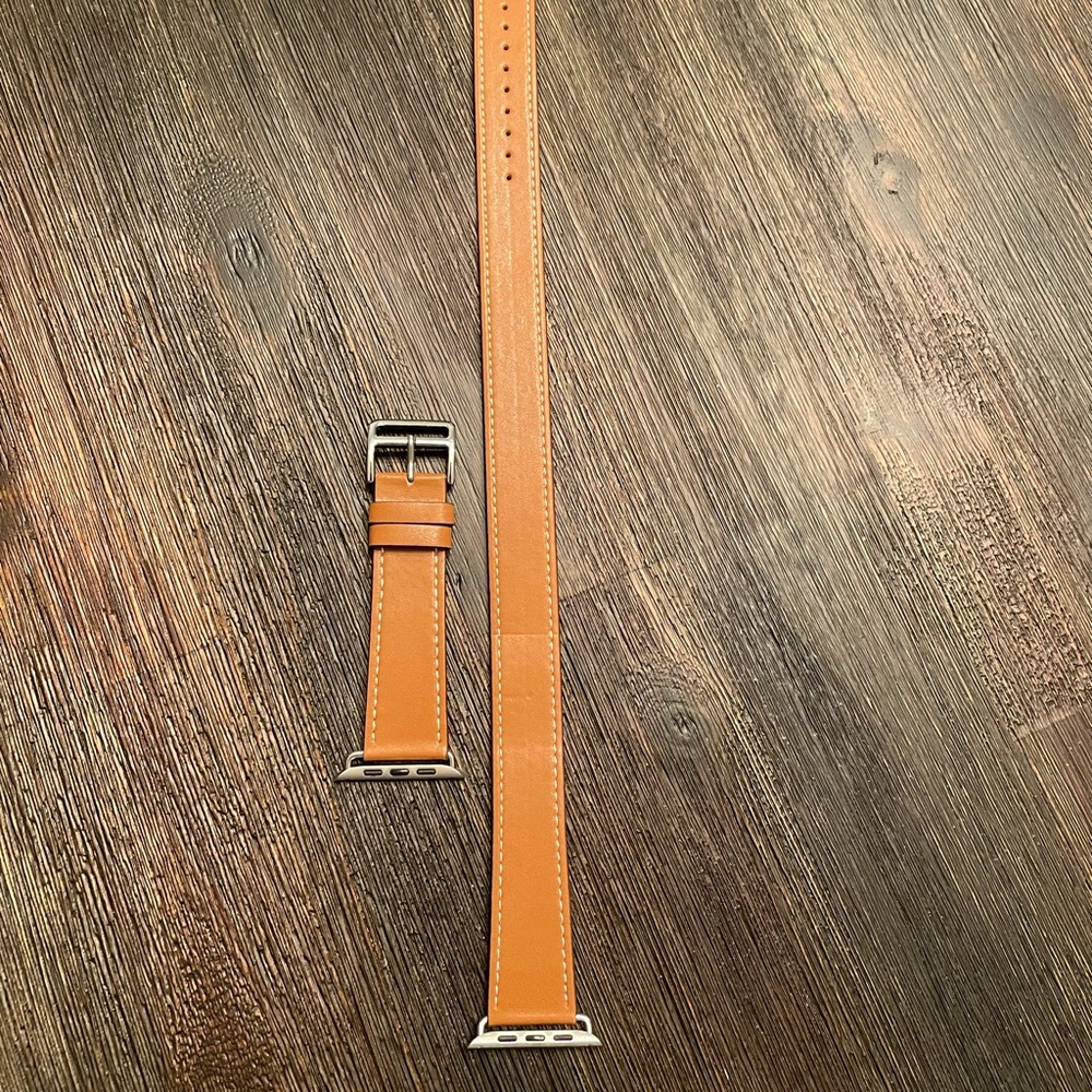 Double watch band for an Apple Watch. Tan/ brown.